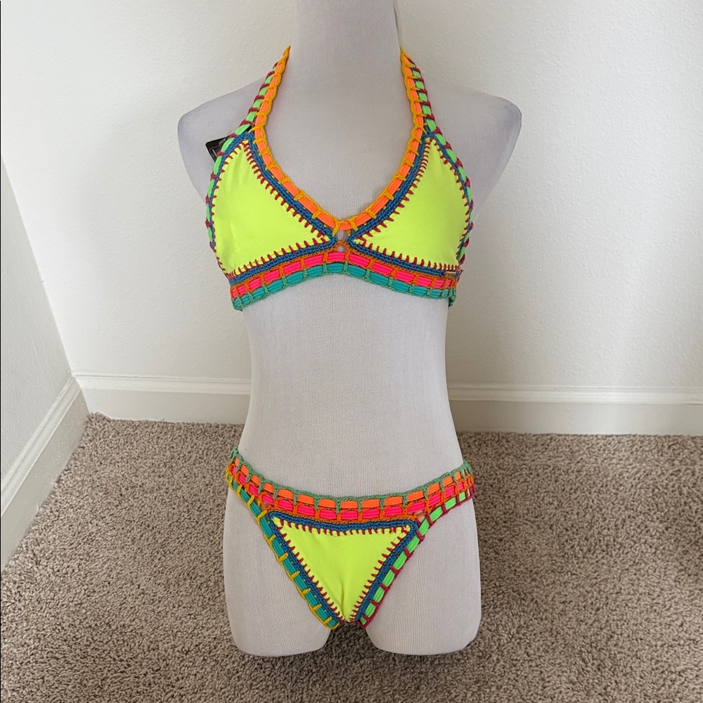 Vibrant Neon Crochet Bikini Set top small bottom, medium, made in Brazil